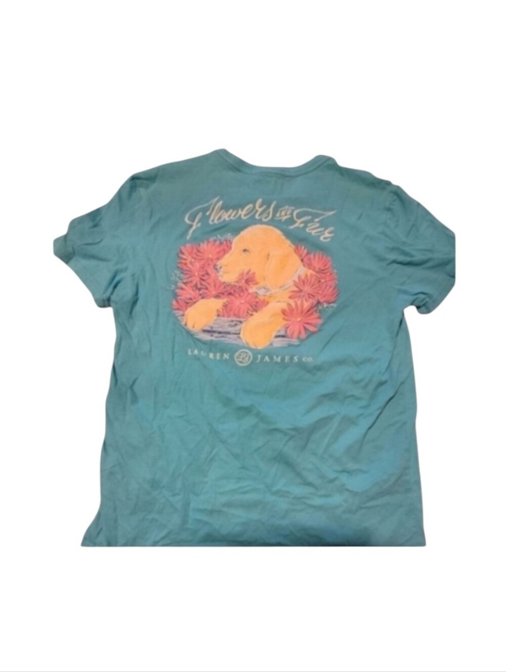 Lauren James Aqua Blue Puppy Floral 100% Cotton Short Sleeve Tee Size Small